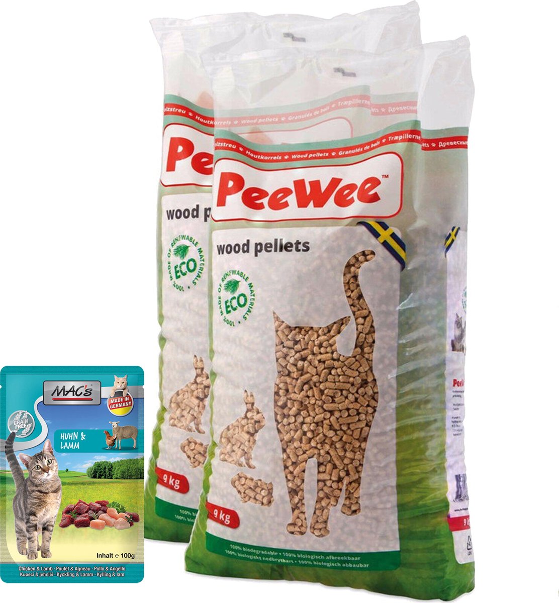 Peewee Houtkorrels Kattenbakvulling - 2 X 9 Kg (18 Kg, 28l) + Gezonde Kattensnack