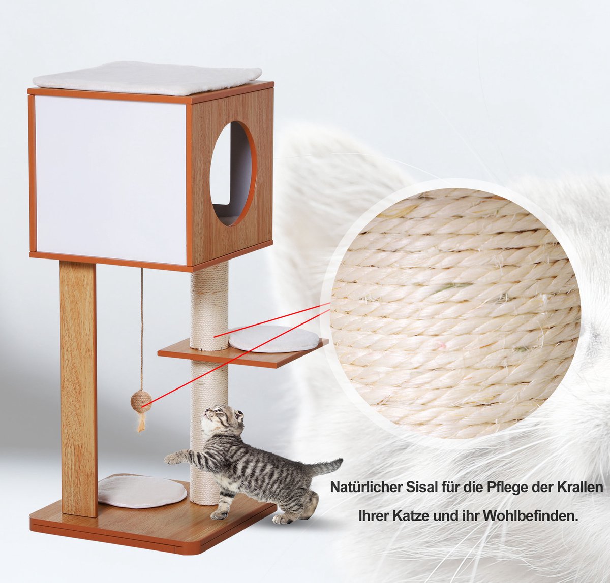 PawHut Krabpaal Met Grot & Sisal Paal Kattenboom Kattenmeubel 4 Kussens MDF D30-206V01