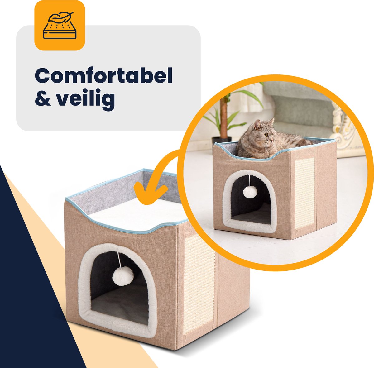 MIRO Katten Huis - Kattenhuizen - Kattenhok - Kattenmand - Dierenhuis - Opvouwbaar - Met Krabmat - Abrikoos