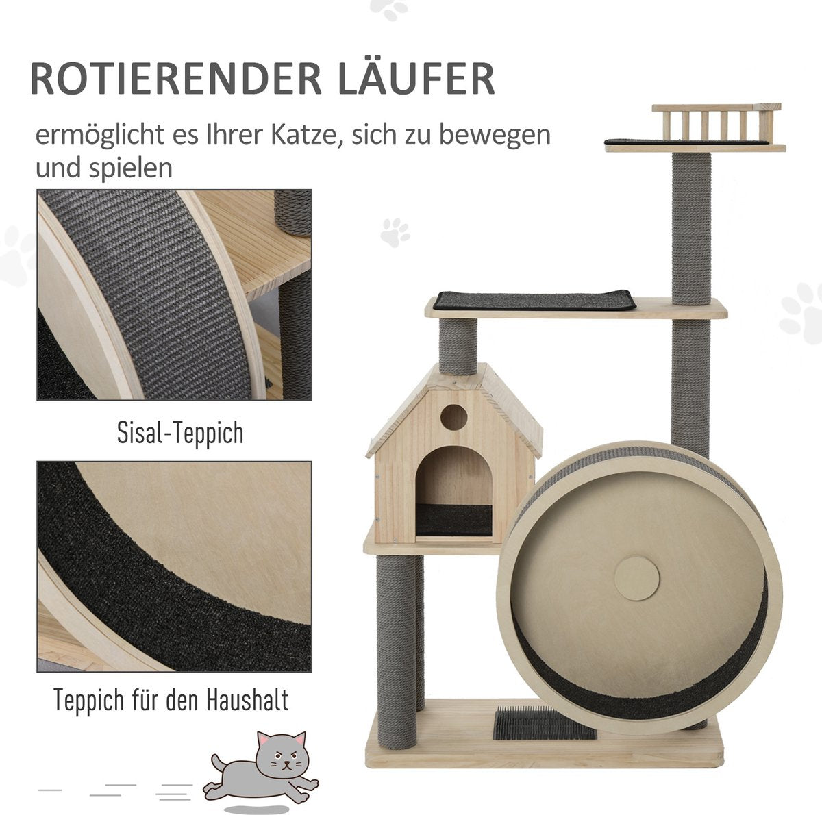 PawHut Kattenboom Met Loopwiel Krabpaal Met 4 Verdiepingen Kattenhuis Met Sisalpalen Massief Hout D30-303