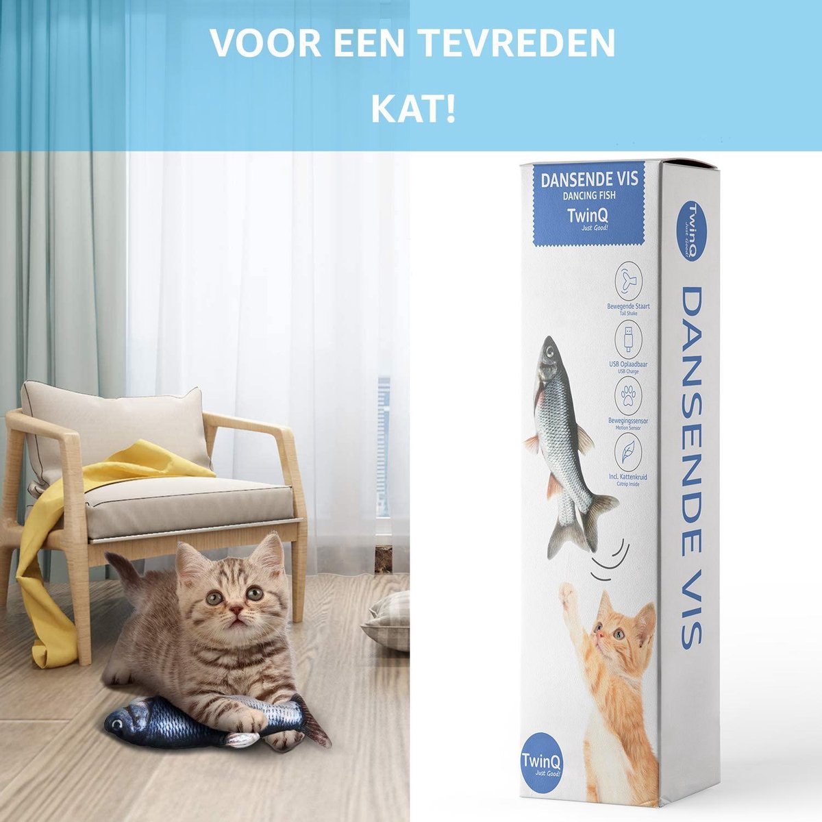 TwinQ Dansende Vis - Bewegende Vis Met Kattenkruid - Kattenspeeltjes - USB Oplaadbaar - Speelgoed Voor Katten - Incl. Kattenlampje