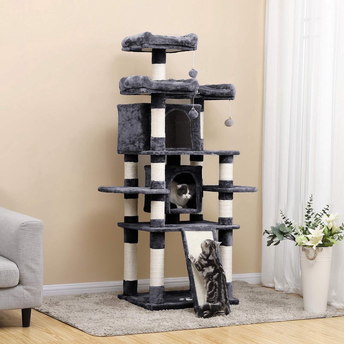 Grote Krabpaal, Krabpaal Met 3 Comfortabele Uitkijkplatforms, Kattenspeelgoed Met 2 Knuffelholen, Dikke Sisalpalen, Extra Krabplank, Stal, 172 Cm, Rookgrijs PCT18GYZ