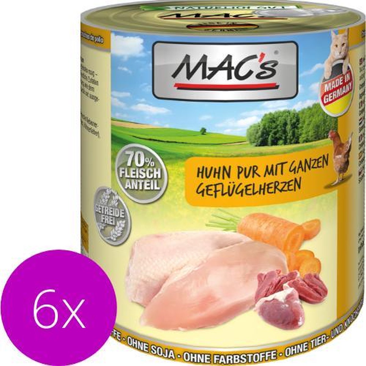 MAC's Kattenvoer Natvoer Blik - 70% Kippenvlees En Kippenhartjes - 6 X 800g
