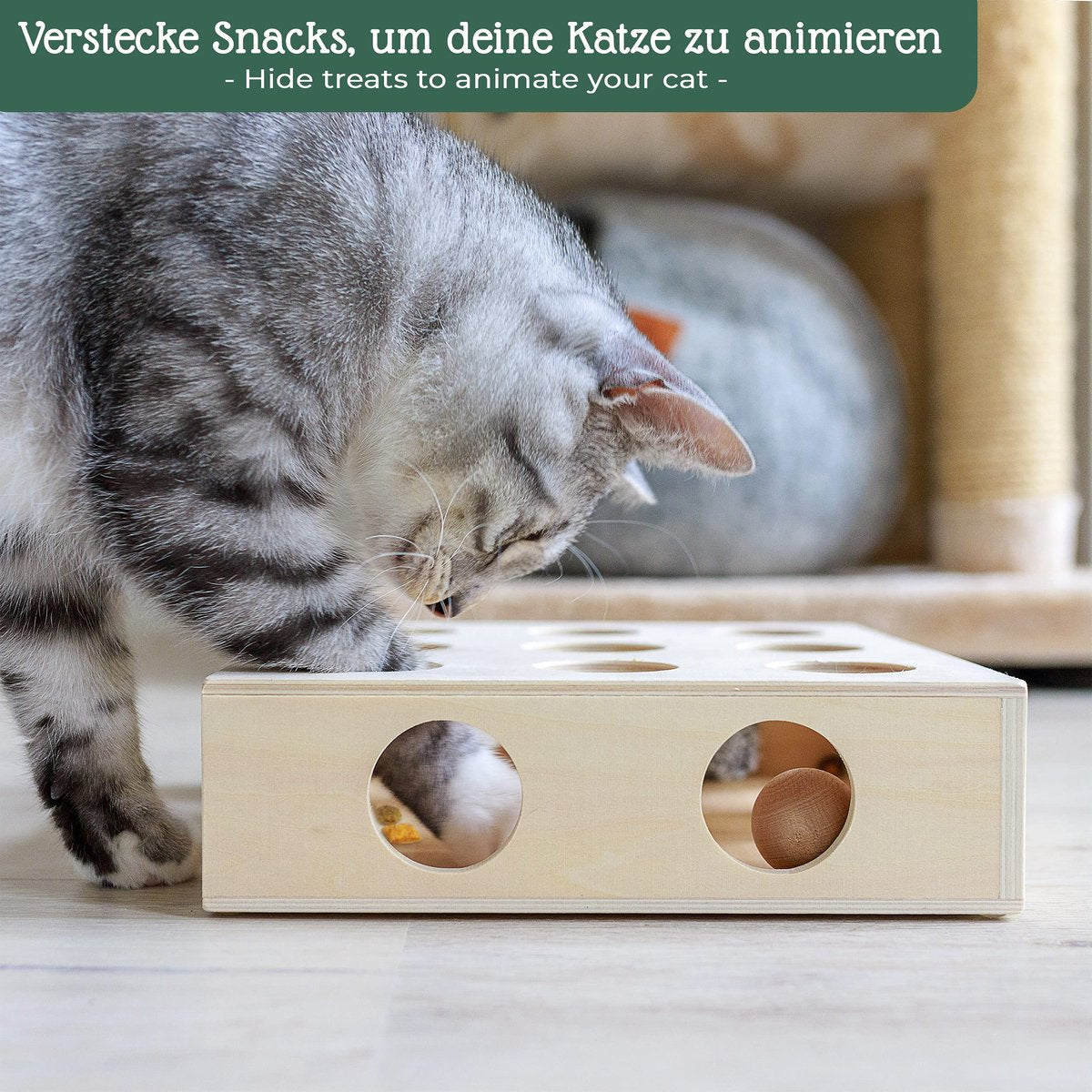 Pfotenolymp® Interactief Kattenspeelgoed / Speeldoos Met Speelballen & Speelmuis - Houten Speelgoed Voor Katten - Mollenspel / Vangspel / Jachtspel