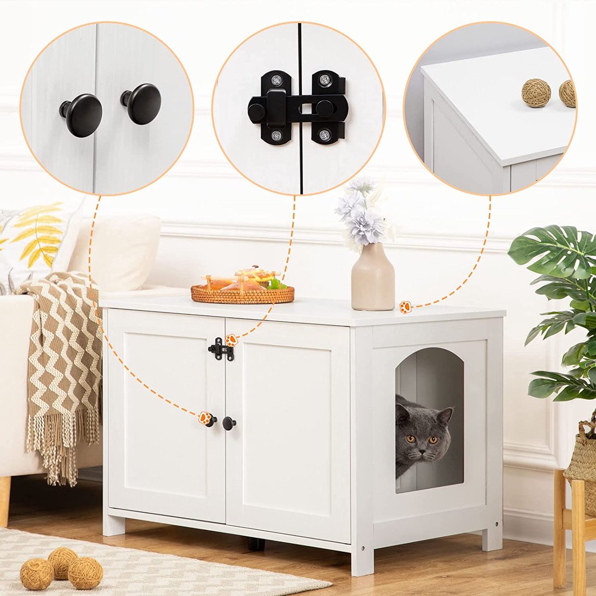 Merkloos Signature Home Wittykitty Kattenbak - Kattenkast - Kattenbakkast - Kattenhuis Met Deur En Aparte Scheidingswand - Kattenbak Opbergdoos - Wit - 80 X 54 X 50.5 Cm