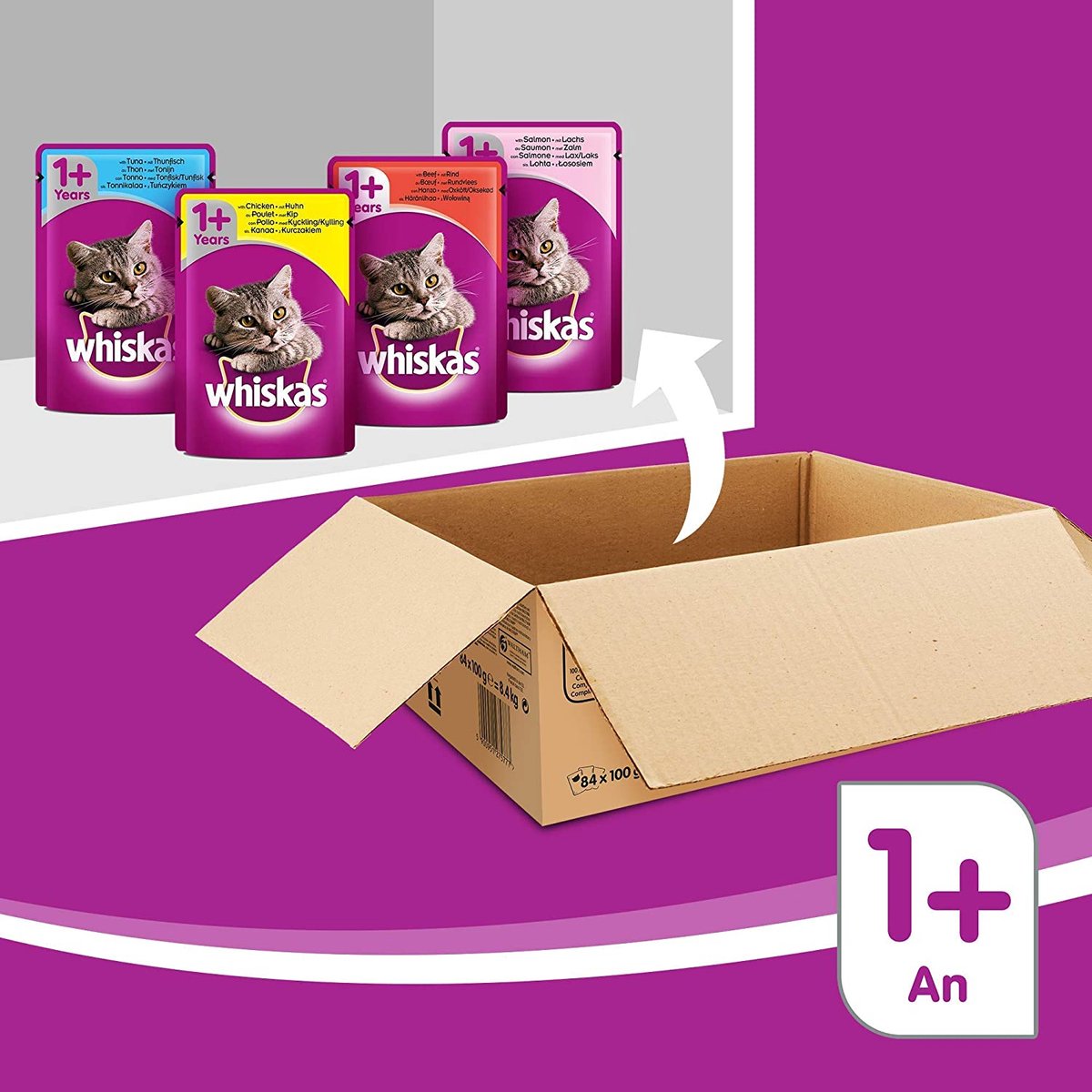 Whiskas 1 - Kattenvoer - Gehydrateerd - In Verschillende Smaken - 84 Stuks (84 X 100 G)