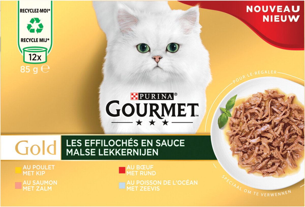 Gourmet Gold Malse Lekkernijen – Kattenvoer Natvoer - Met Kip, Zalm, Rund, Zeevis – 48 X 85 Gr
