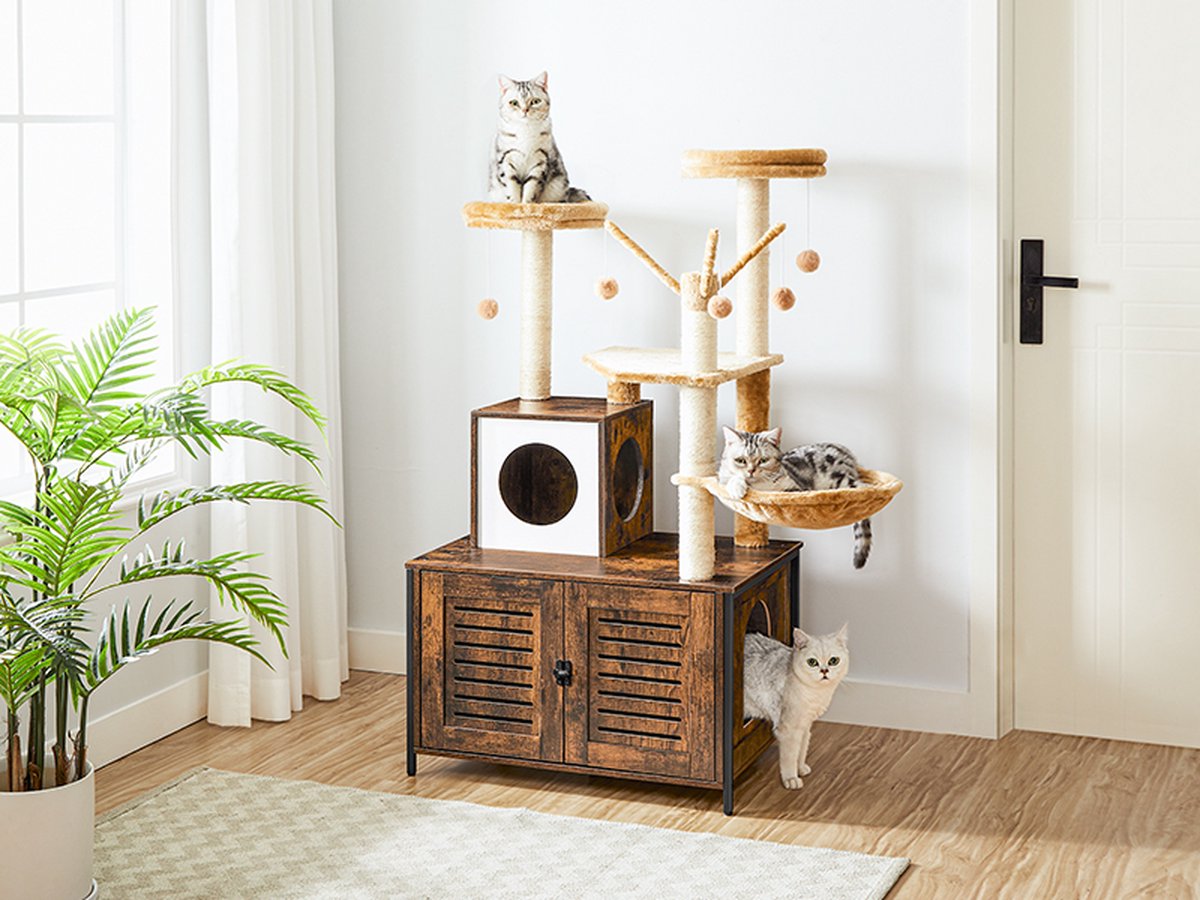IN.HOMEXL All-In-One Kattenmeubel Alba - Krabpaal Met Kattenbak - Hangmat Mand Katten Huis - Kattentoiletmeubel - Bruin - 70x132x48cm