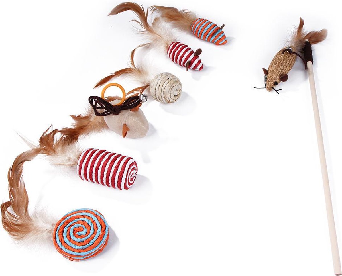 Make Life Beautiful® - Kattenspeeltjes Set - 7-delig - Kattenspeelgoed - Kattenhengel - Speelmuisjes - Kattenspeelgoed Set