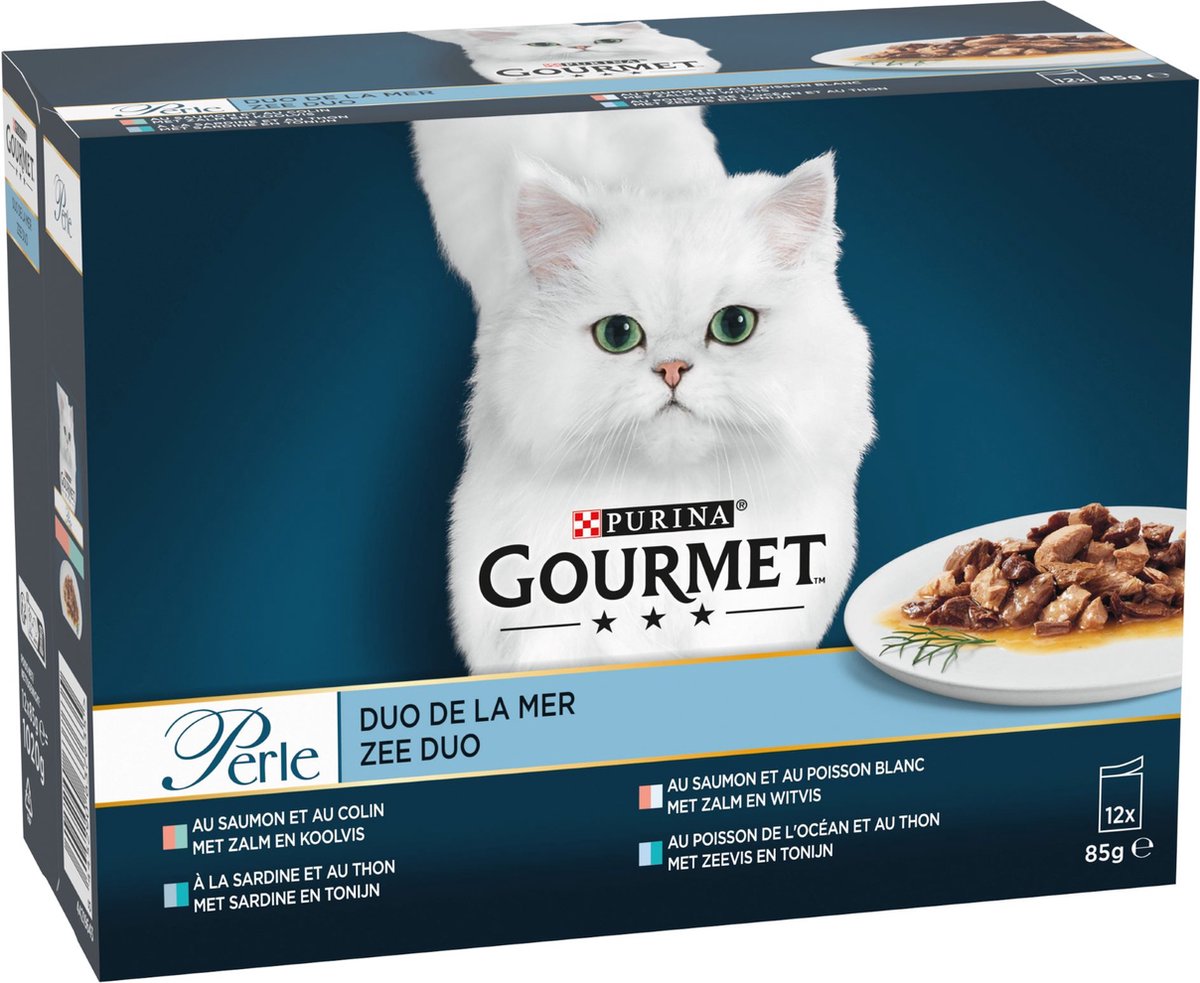 Gourmet Perle Duo – Kattenvoer Natvoer - Met Zalm En Koolvis, Zalm En Witvis, Zeevis En Tonijn, Sardine En Tonijn – 48 X 85 Gr