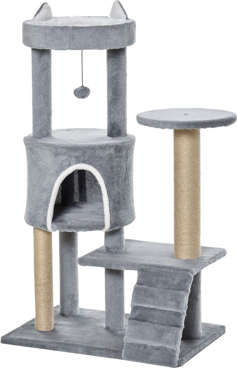 PawHut Krabpaal Kattenboom Met Kattengrot Trap Spaanplaat Jute Grijs D30-360