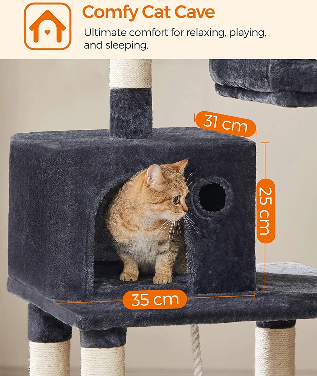  Krabpaal, Kattenboom 143 Cm, 2 Gezellige Uitkijkplateaus, Rookgrijs PCT15GYZ
