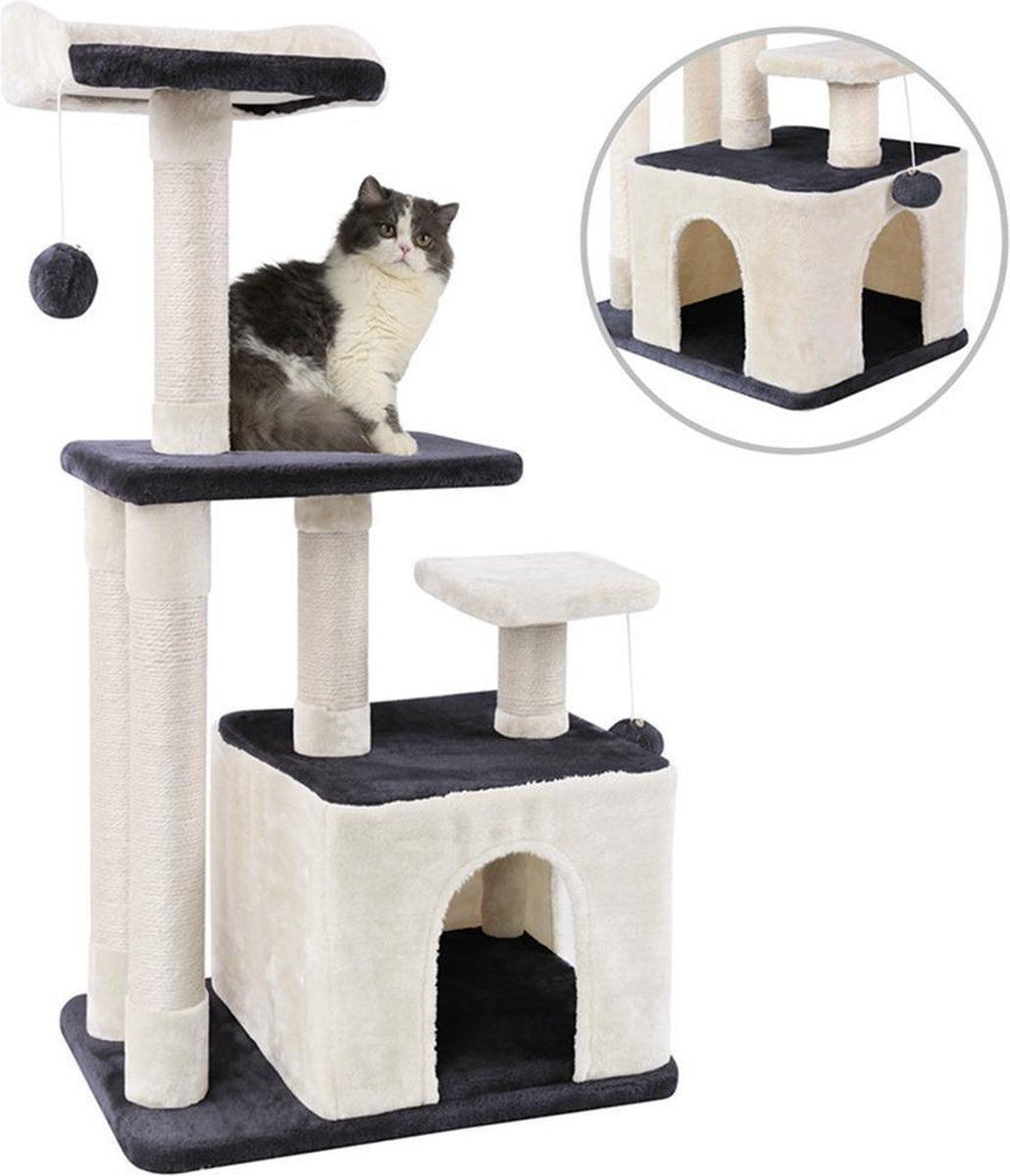 Merkloos MC Star Krabpaal 100cm Met Schraper Meerdere Platforms, Tweedeurs Kattengrotten, Speelgoedballen Met Bellen, Krabbed Natuurlijk Sisal Katten Spelletjes - Grijs&amp;Beige, 100cm