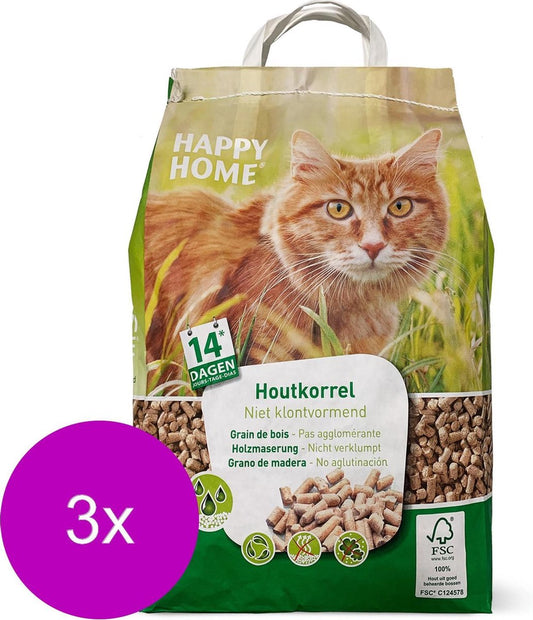  Happy Home Natural Houtkorrel - FSC - Kattenbakvulling - 3 X 10 L 5 Kg