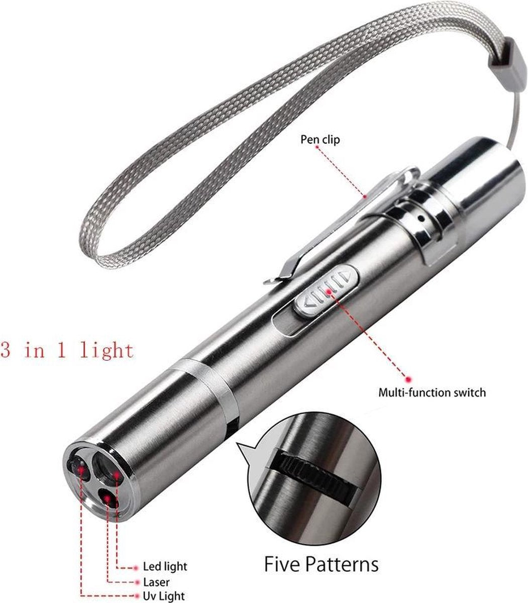  Laserpen - Oplaadbaar Met USB - Rode Laser - RVS Zilver - UV - Zaklamp - LED - Kat - Katten Speeltjes - Kattenspeelgoed - 7 Verschillende Standen