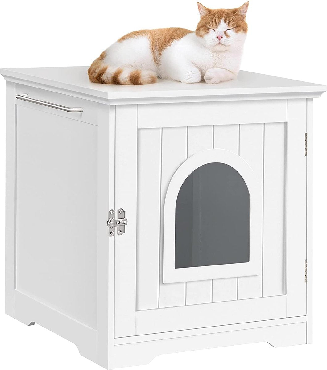  MEUBELEXPERT - Kattenhuis Kattenmand Wit Gesloten Kattentoilet Met Ingang En Handdoekhouder Kattenbak Kast Voor Katten Honden Huisdier 48,5 X 51 X 51,5 Cm Hout