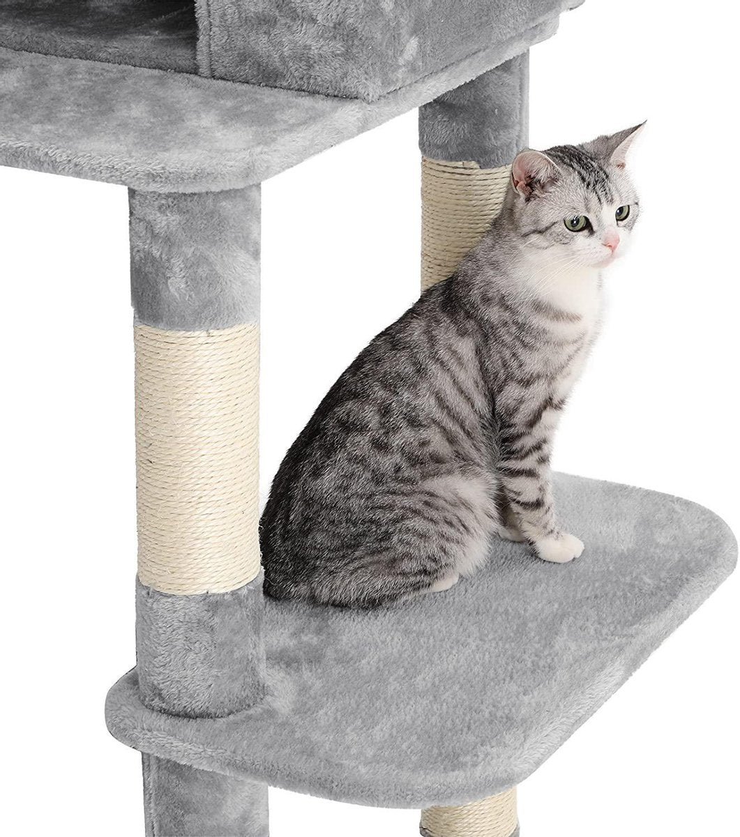 Merkloos XXL Luxe Katten Krappaal Met Hangmat Hangende Mand &amp; Katten Huisje - Activity Center - Grote Krappaal Klimpaal Met Speelset - Krabmeubel 164 CM Hoog - Sisal/Pluche - Grijs