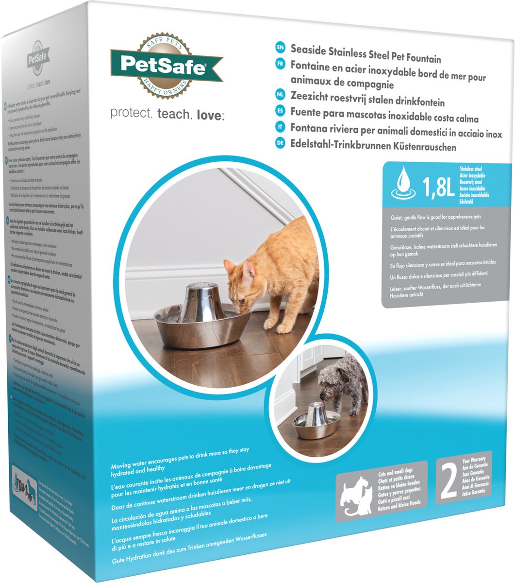  PetSafe® Seaside Stainless Steel Pet Fountain - RVS Drinkfontein Voor Katten En Kleine Honden - Water Borrelt Zacht Over De Toren - Door Het Design Van Alle Kanten Bereikbaar - 1,8 Liter - PetSafe Seaside