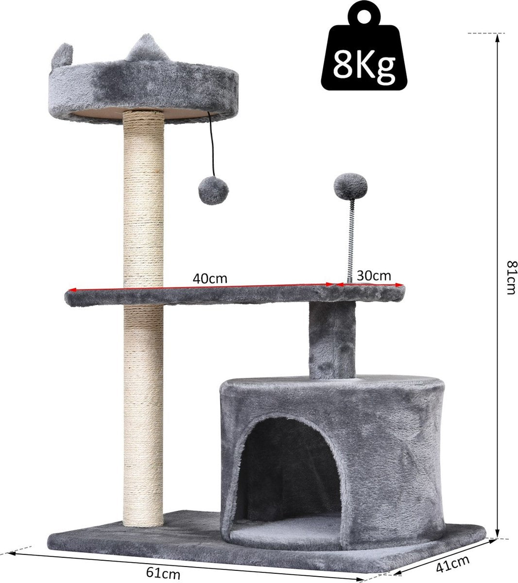  PawHut Kattenboom 3 Verdiepingen Krabpaal Kattengrot Met Sisal Palen Krabplank Pluche D30-258