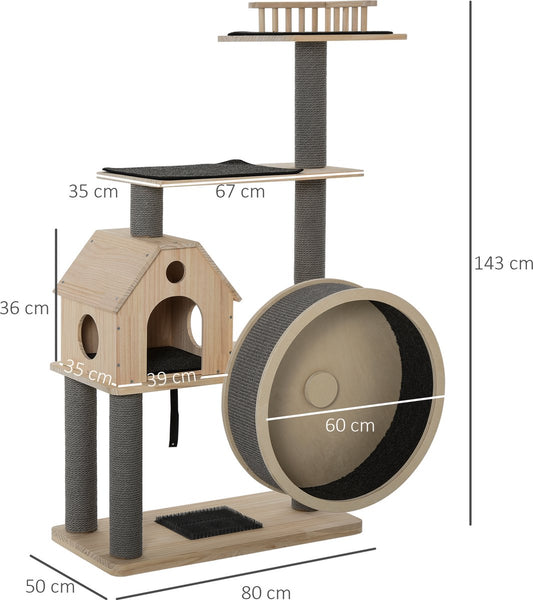  PawHut Kattenboom Met Loopwiel Krabpaal Met 4 Verdiepingen Kattenhuis Met Sisalpalen Massief Hout D30-303