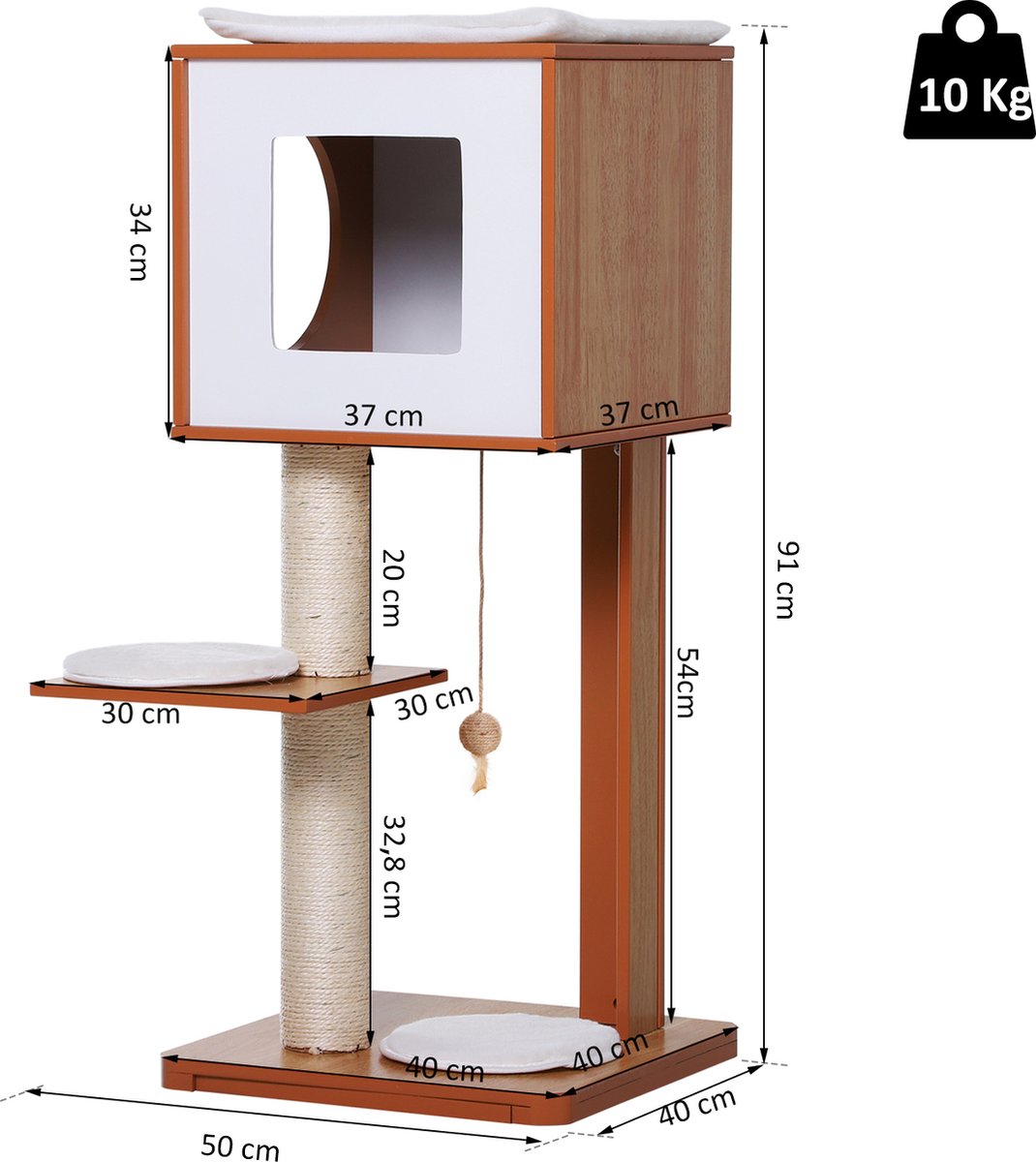  PawHut Krabpaal Met Grot &amp; Sisal Paal Kattenboom Kattenmeubel 4 Kussens MDF D30-206V01