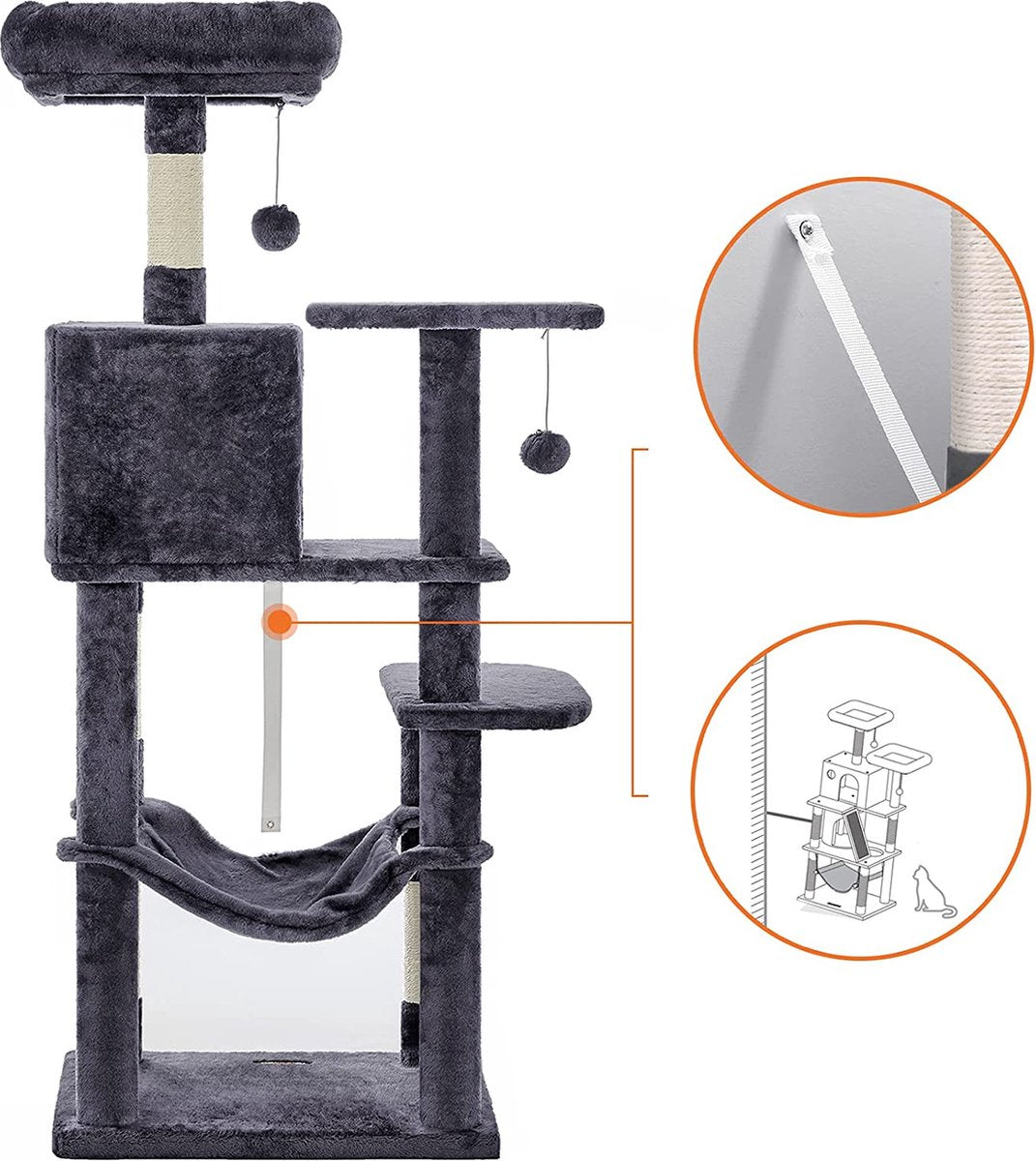  Krabpaal Met Hangmat Voor Meerdere Katten, Kattenboom, Rookgrijs