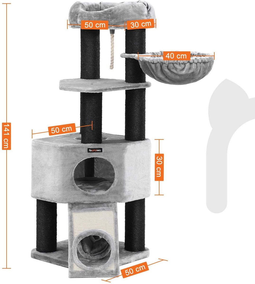  Giving® XXL Luxe Stevige Katten Krabpaal Voor Katten - Stevig Krabmeubel Met Hangmat Mand Katten Huis Tunnel &amp; Speel Touw - Grote Krab Paal Klimpaal - 92 CM Hoog - Grijs/Zwart