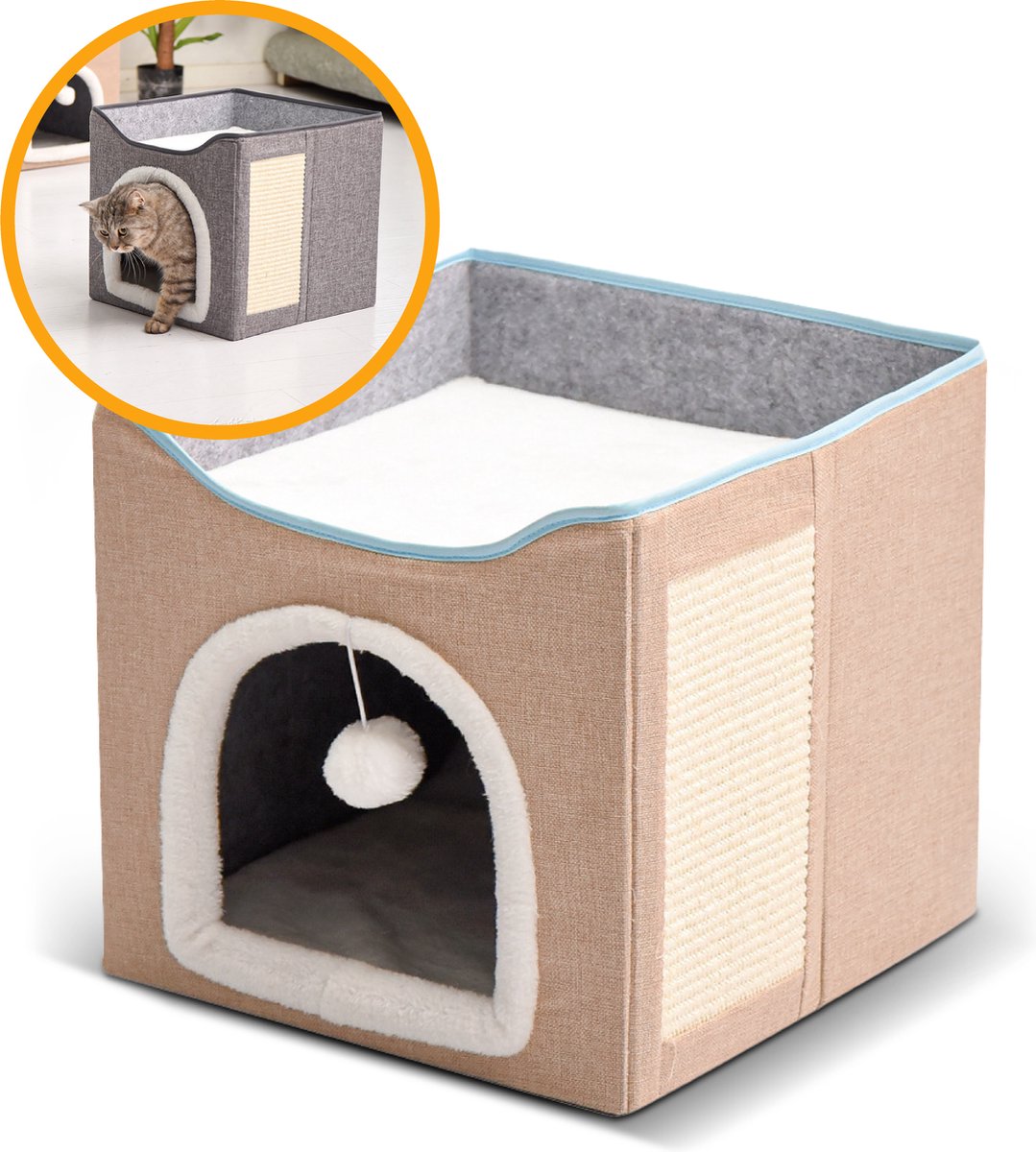  MIRO Katten Huis - Kattenhuizen - Kattenhok - Kattenmand - Dierenhuis - Opvouwbaar - Met Krabmat - Abrikoos