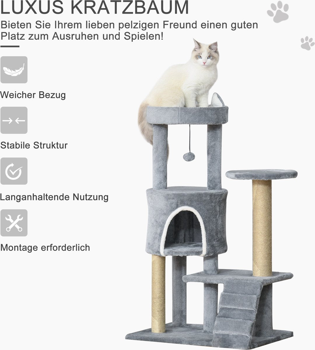  PawHut Krabpaal Kattenboom Met Kattengrot Trap Spaanplaat Jute Grijs D30-360