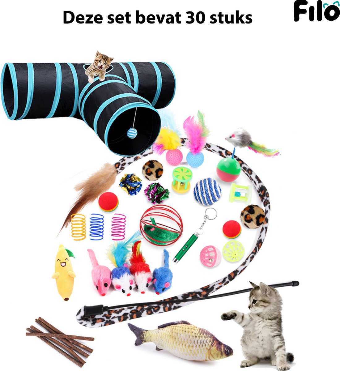  Filo Kattenspeelgoed Set 30 Stuks - Kattenspeeltje Kattentunnel - Kattenhengel - Kattenveertjes - Vis Met Kattenkruid - Kattenspeeltjes Intelligentie Kitten - Interactief Speelgoed Katten - Poezen Speeltjes