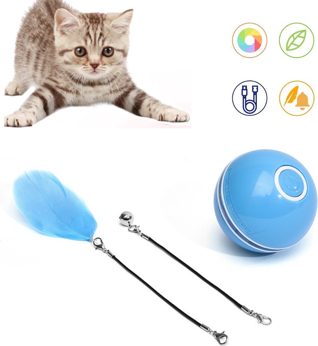 Otiume Elektrische Speelbal - Slimme Interactieve Zelfrollende Bal - Speelgoed Voor Katten - Kattenspeelgoed - Blauw