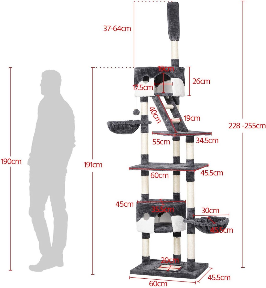  Krabpaal XXL, Klimboom Voor Katten - Plafondhoogte, Verstelbaar Van 228-255 Cm, Grijs-wit HM-YAHEE-610837