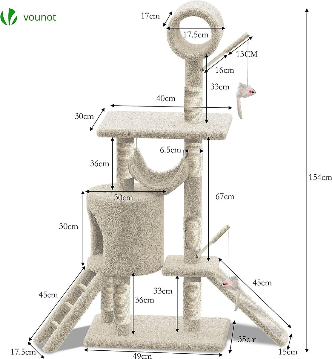  Grote Krabpaal Met Krabpaal XXL, Klimboom Voor Katten, Activiteitencentrum, Met Grot En Platforms Voor Katten, Hoogte 154 Cm, Beige