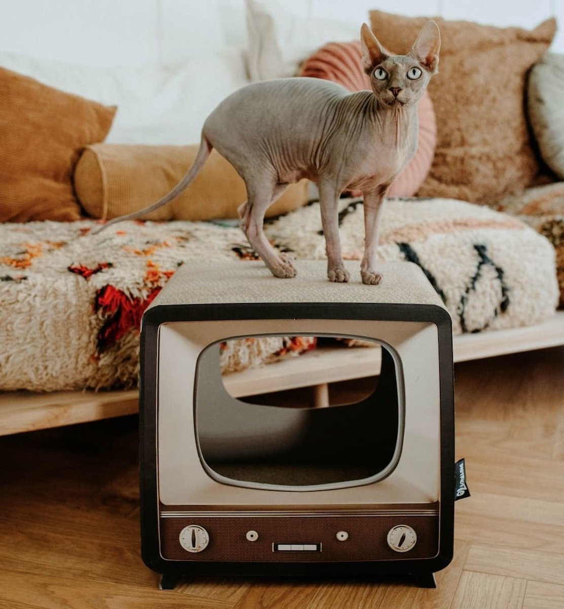  District 70 TELLY - Retro TV Krabmeubel - Instagrammable Kartonnen TV Voor Katten - 39 X 27 X 37 Cm