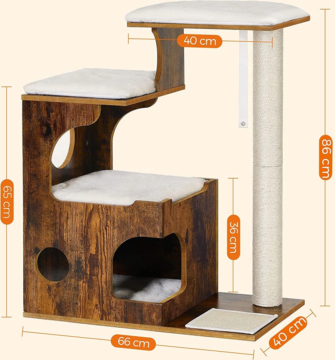 Merkloos Luxe Houten Vintage Katten Krabpaal Met Krabstam &amp; Katten Huis &amp; Uitzicht Plateau - Activity Center - Krabpaal Klimboom Klimpaal - 88 CM Hoog - Sisal/Hout - Retro Design