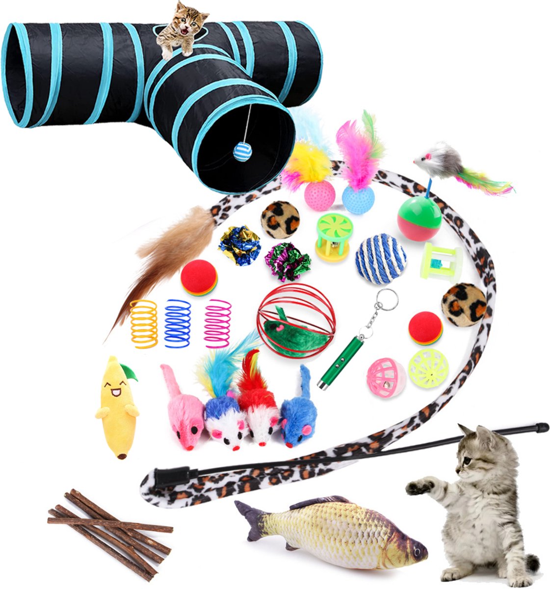  Filo Kattenspeelgoed Set 30 Stuks - Kattenspeeltje Kattentunnel - Kattenhengel - Kattenveertjes - Vis Met Kattenkruid - Kattenspeeltjes Intelligentie Kitten - Interactief Speelgoed Katten - Poezen Speeltjes