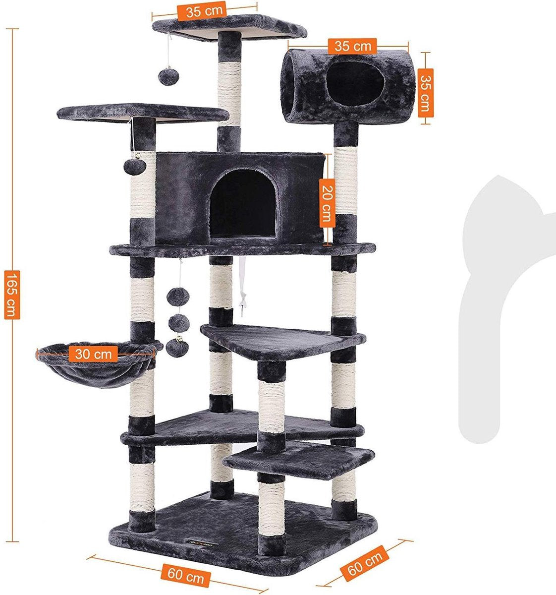  XXL Luxe Katten Krappaal Met Hangmat &amp; Kattenhuisjes - Activity Center - Grote Krappaal Klimpaal - 165 CM Hoog - Grijs/Zwart