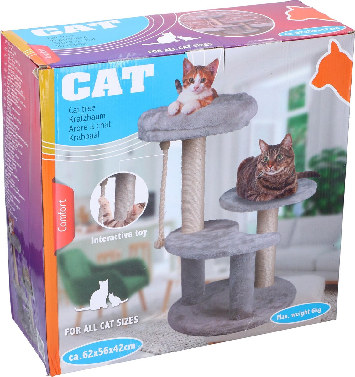  Maxxpro Krabpaal - Krabpaal Voor Katten - Kattenspeelgoed - 62 CM - 3 Platformen - Speeltouw - Sisal - Grijs