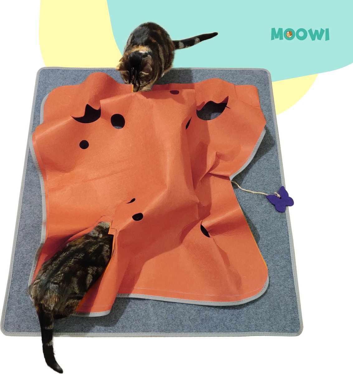  Moowi - Katten Speel Kleed – Kattentunnel – Hide And Seek Spel – Deken Kat – Kattenspeelgoed – Speelmat Katten Grijs – Incl. 2 Sisal Ballen En Verenspeeltje