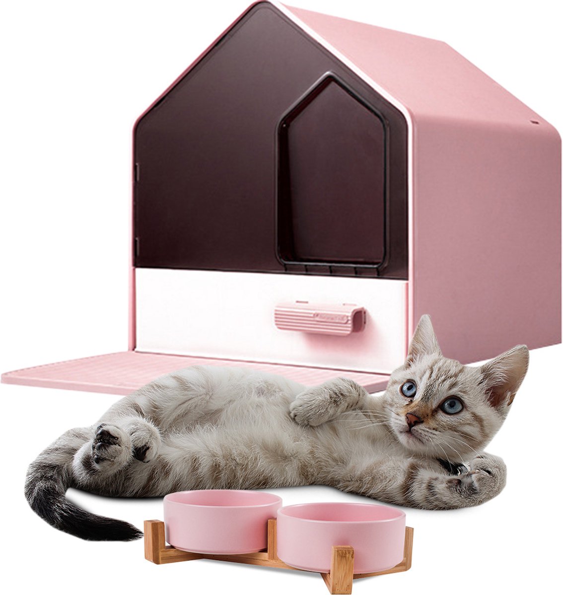  Kattenbak Villa Met Dubbele Voerbak En Kattenbakmat – Kat - Drinkbak – Modern En Stijlvol - Design - Groen