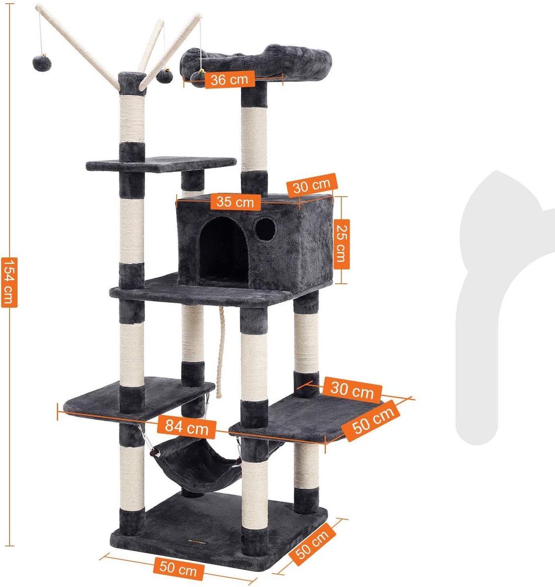 XXL Luxe Katten Krappaal Met Hangmat &amp; Katten Huisjes - Activity Center - Grote Krappaal Klimpaal Met Speelset - Krabmeubel 154 CM Hoog - Grijs