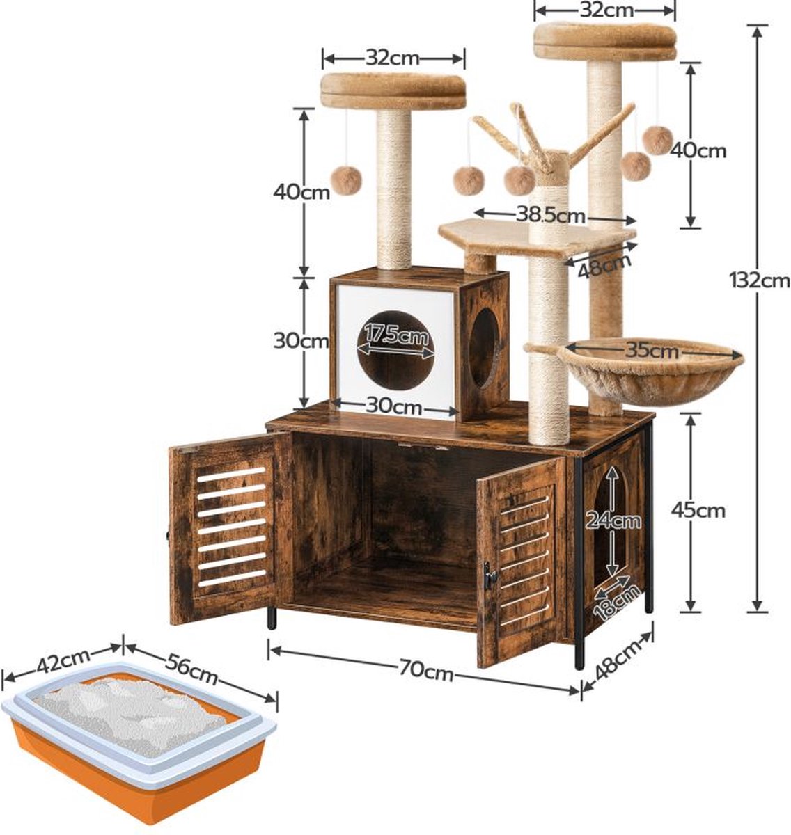  Signature Home Lola Krabpaal Met Kattenbak - Kattenbak Hangmat Mand Katten Huis - Kattenhuis Met Deur En Slot - Krabpalen Katten Huis - Kattenbakmeubel Verborgen - Alles-in-één Kattenspeelgoed Met Kattenhuis - Bruin - 70cm X 132cm X 48cm