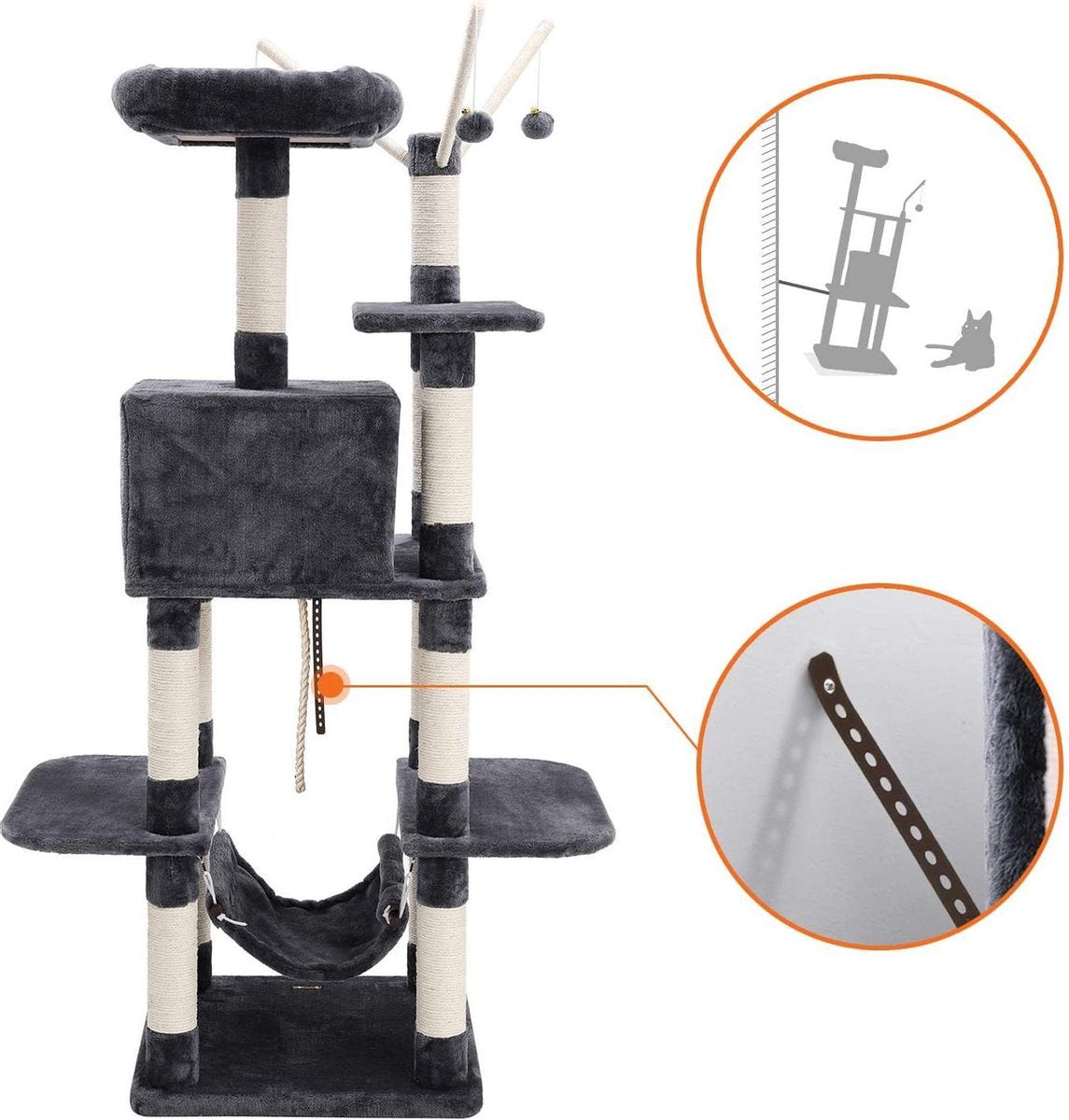  XXL Luxe Katten Krappaal Met Hangmat &amp; Katten Huisjes - Activity Center - Grote Krappaal Klimpaal Met Speelset - Krabmeubel 154 CM Hoog - Grijs