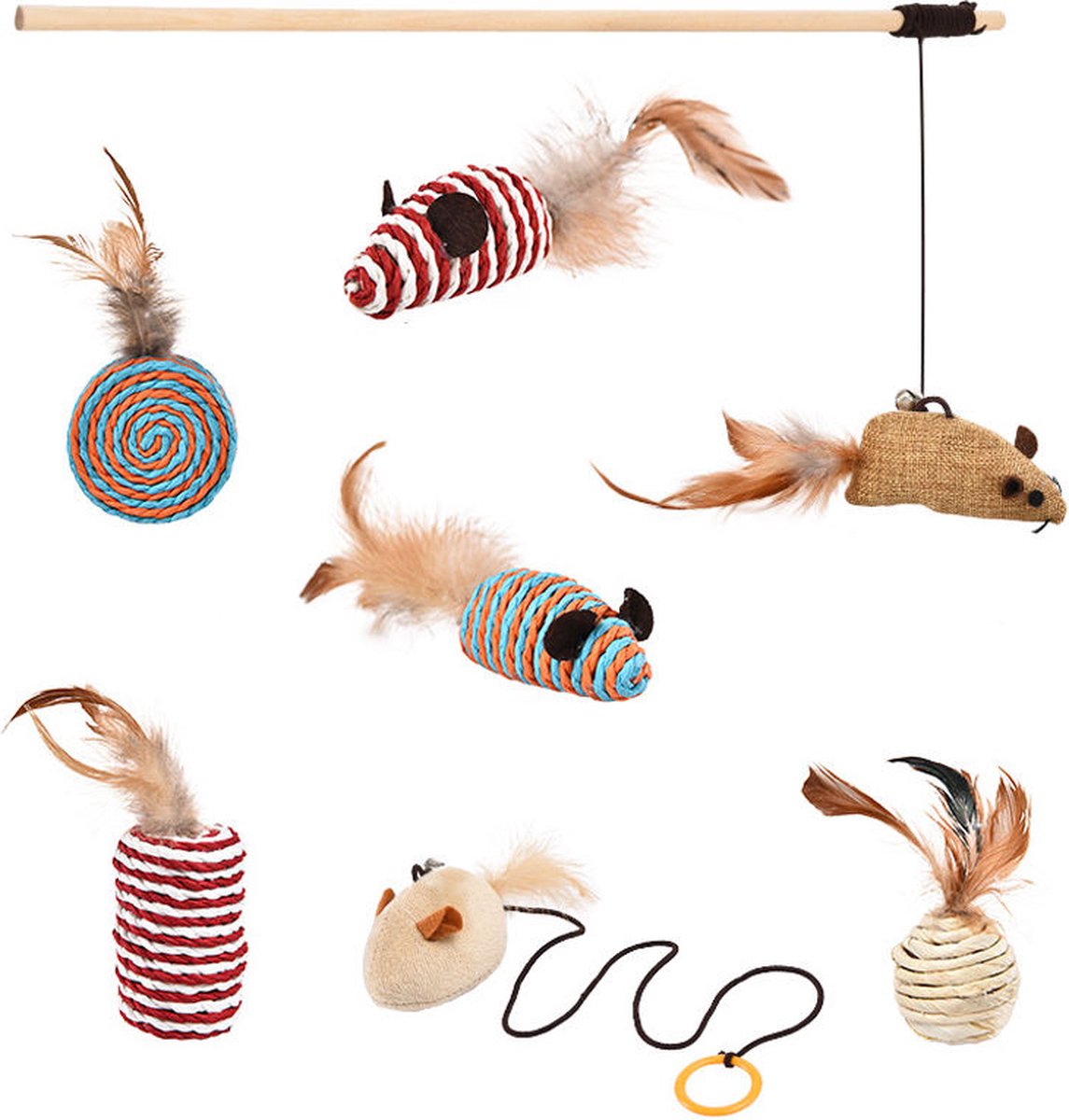  Kattenspeelgoed - Set Met 7 Kattenspeeltjes - Complete Set - Kattenhengel - Speelmuis