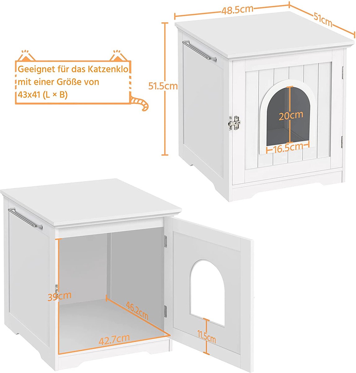  MEUBELEXPERT - Kattenhuis Kattenmand Wit Gesloten Kattentoilet Met Ingang En Handdoekhouder Kattenbak Kast Voor Katten Honden Huisdier 48,5 X 51 X 51,5 Cm Hout