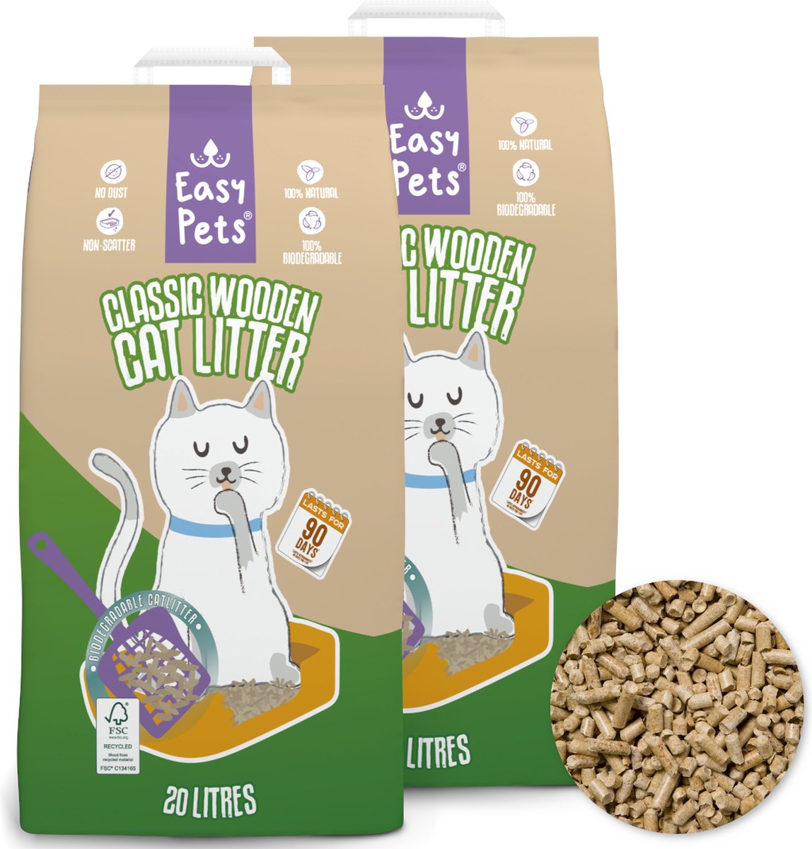  Easypets Houtkorrel Kattenbakvulling 2x 10KG (20KG - 40L) - Biologisch Afbreekbare Houtkorrels - FSC