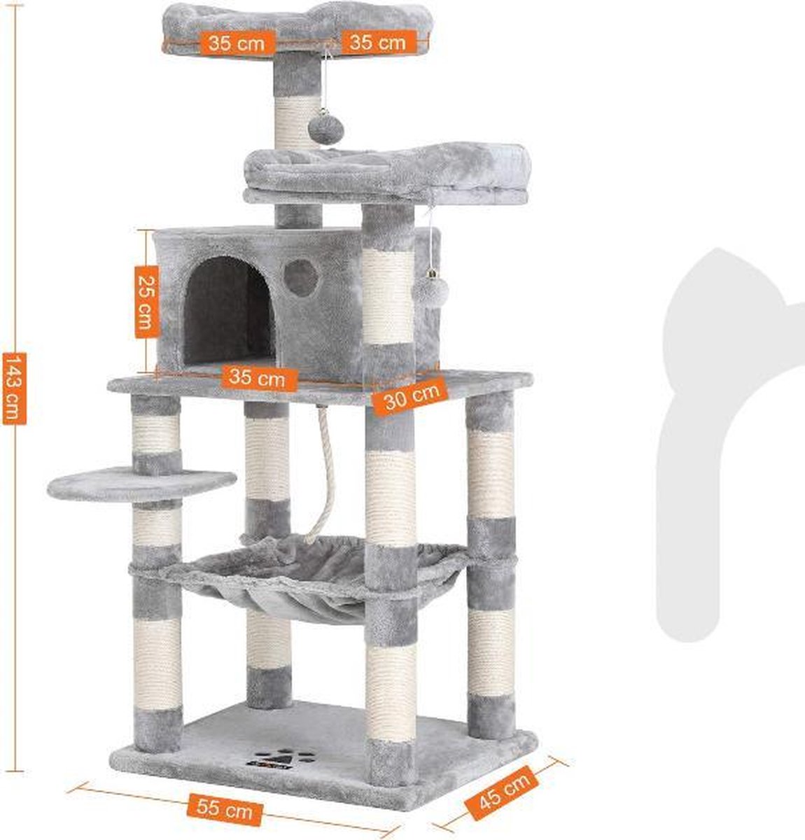  MIRA Home Krabpaal - Kattentoren - Huisdieren - Stabiel - Hout - Grijs/Wit - 55x45x143