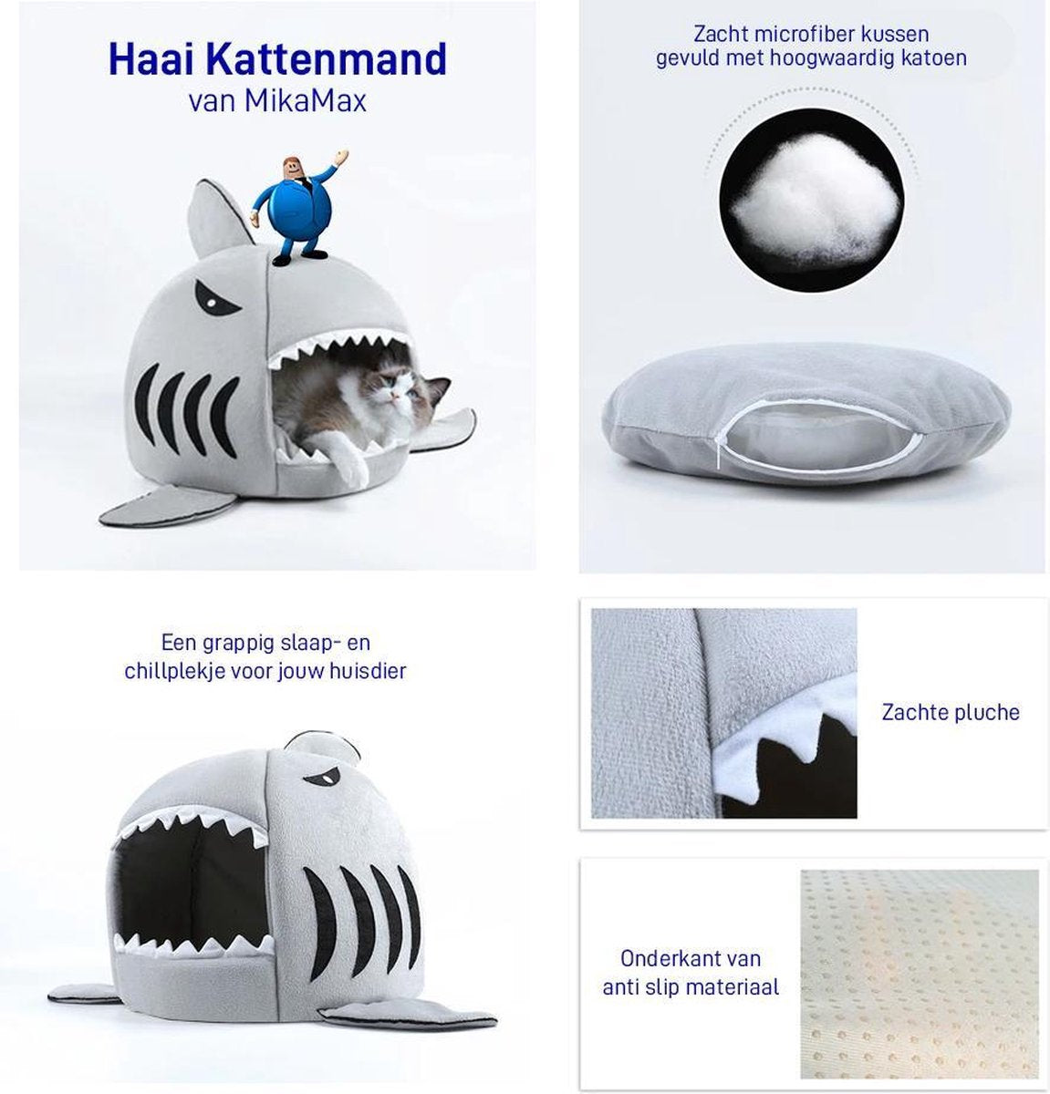  MikaMax Haai Hondenmand - Kattenmand - Dierenmand - Huisdierkussen - Mand Of Bed - Origineel - Extra Zacht Materiaal - 42 X 42 X 36 Cm