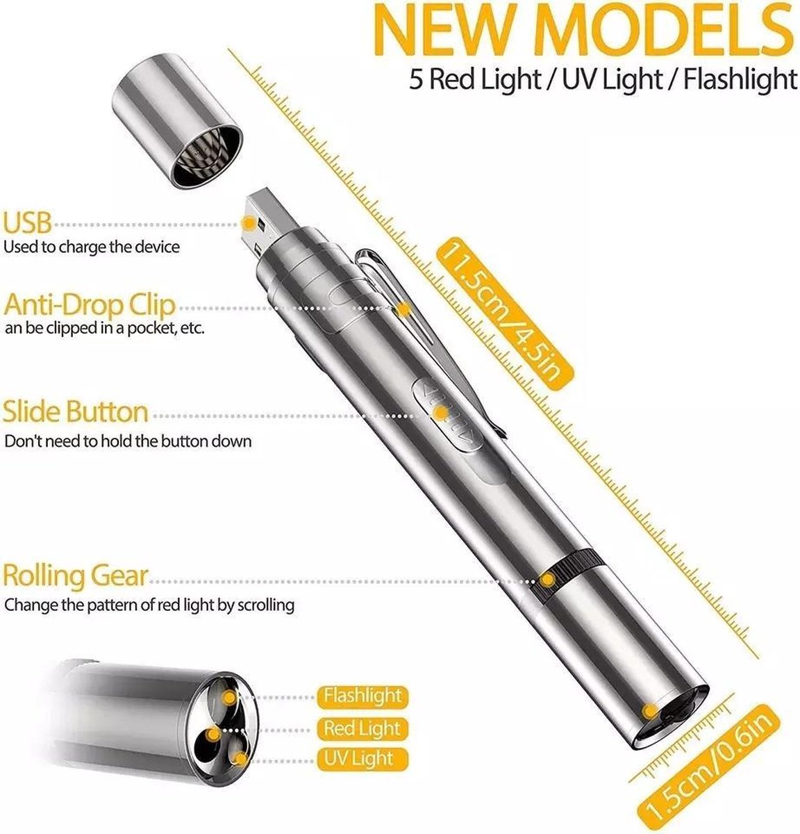  Laserpen - Oplaadbaar Met USB - Rode Laser - RVS Zilver - UV - Zaklamp - LED - Kat - Katten Speeltjes - Kattenspeelgoed - 7 Verschillende Standen