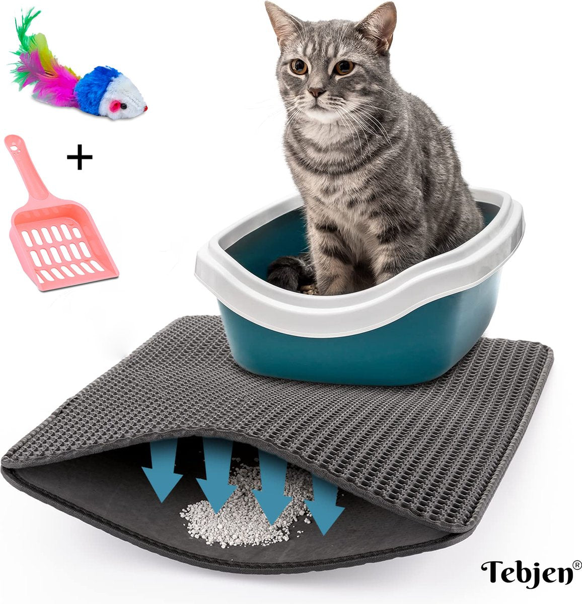  TEBJEN Kattenbakmat – Kattenbak Mat Grit Opvanger - Schoonloop Katten Mat – Dubbele Waterdichte Laag – Uitloopmat Kattenbak – Kattenbak Accessoires - Met Speelgoedmuisje En Schepje - 30cm * 30cm